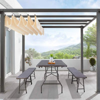 Camping Table Foldable 1 and 2 Benches, HDPE Plastic Panel, Waterproof, with Steel Frame, Patio Outdoor Furniture Set