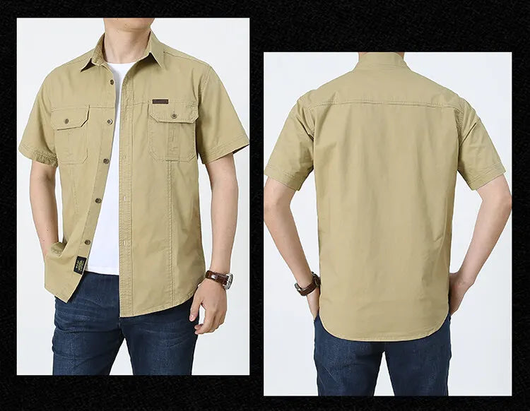 Men Cargo Shirt Short Sleeve Casual Cotton Work Shirt