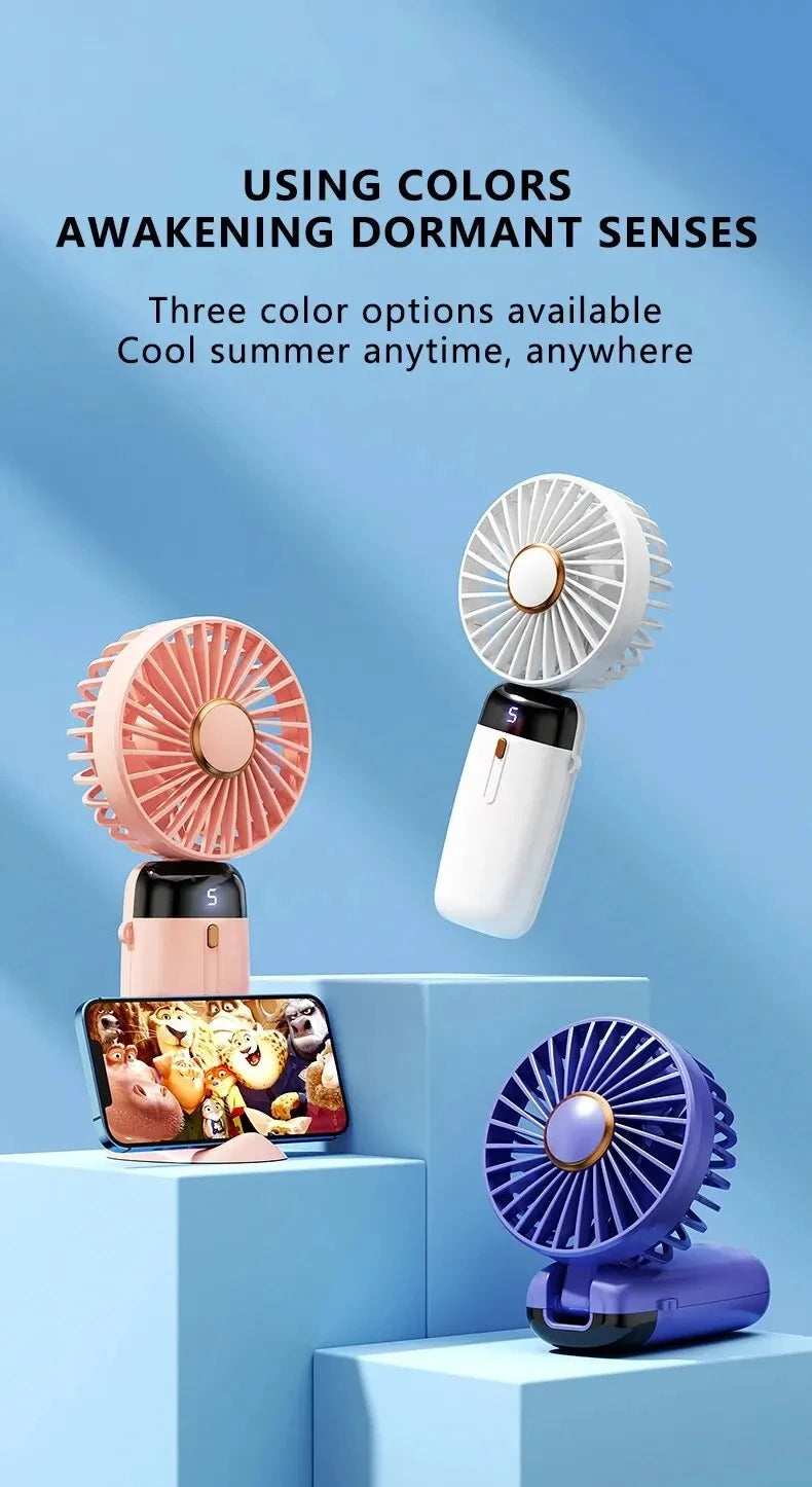 USB Handheld Mini Fan Foldable Portable Neck Hanging Fans 5 Speed USB Rechargeable Fan with Phone Stand and Display Screen