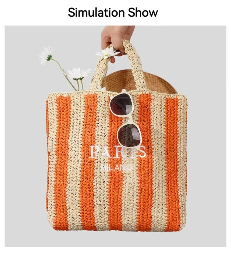 Women's Summer Beach Straw Style Tote Bag Handwoven Large Capacity Luxury Designer Travel Handbags Casual Portable Shoulder Bags