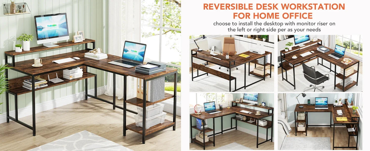 Tribesigns 59 Inch L Shaped Desk with Monitor Stand, Reversible Corner Computer Desk with Storage Shelves Rustic Brown