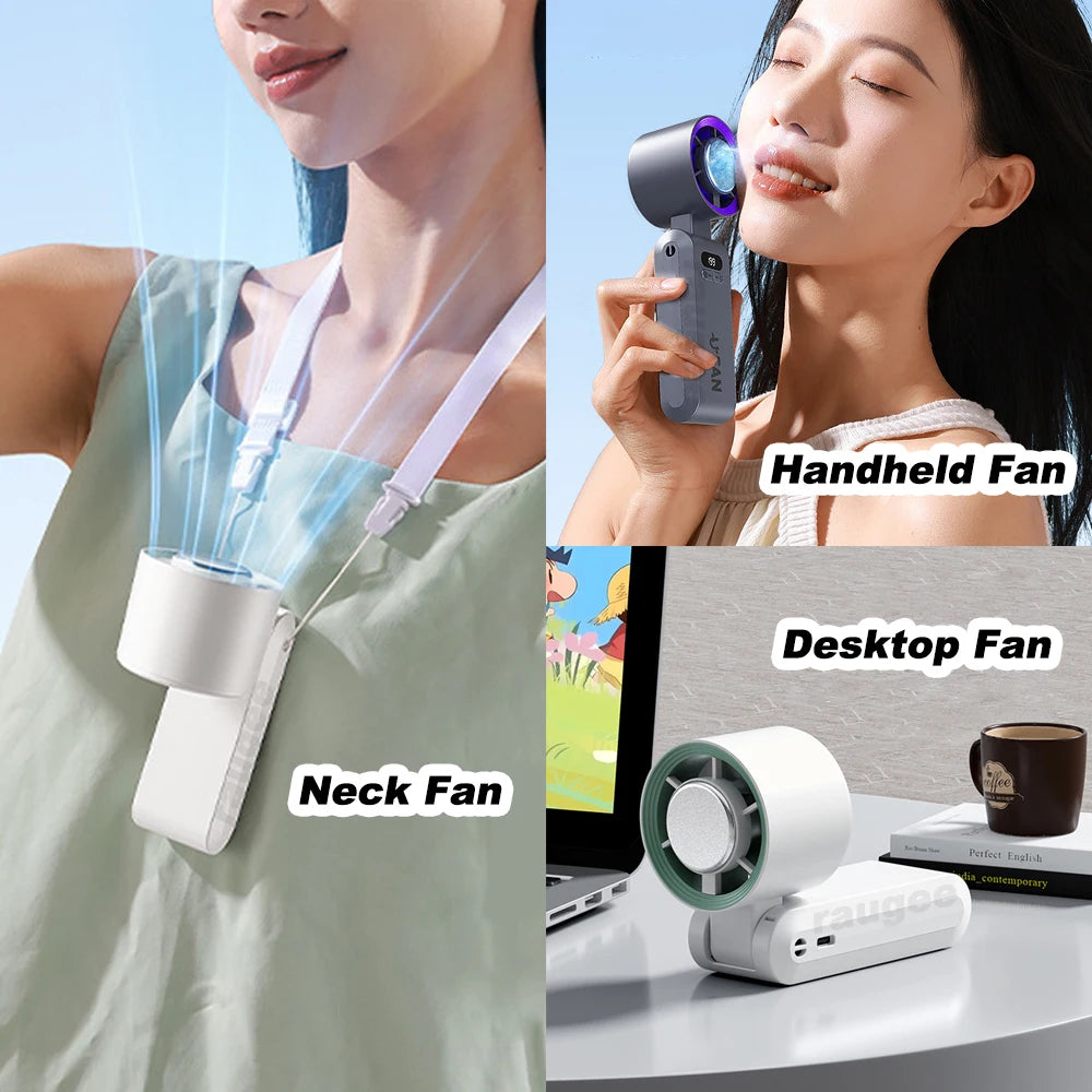 Portable Handheld Turbo Fan Foldable Hanging Neck Fan Mini Hand Fan 3600mAh USB Rechargeable High Speed Ice Cooling Turbo Fan