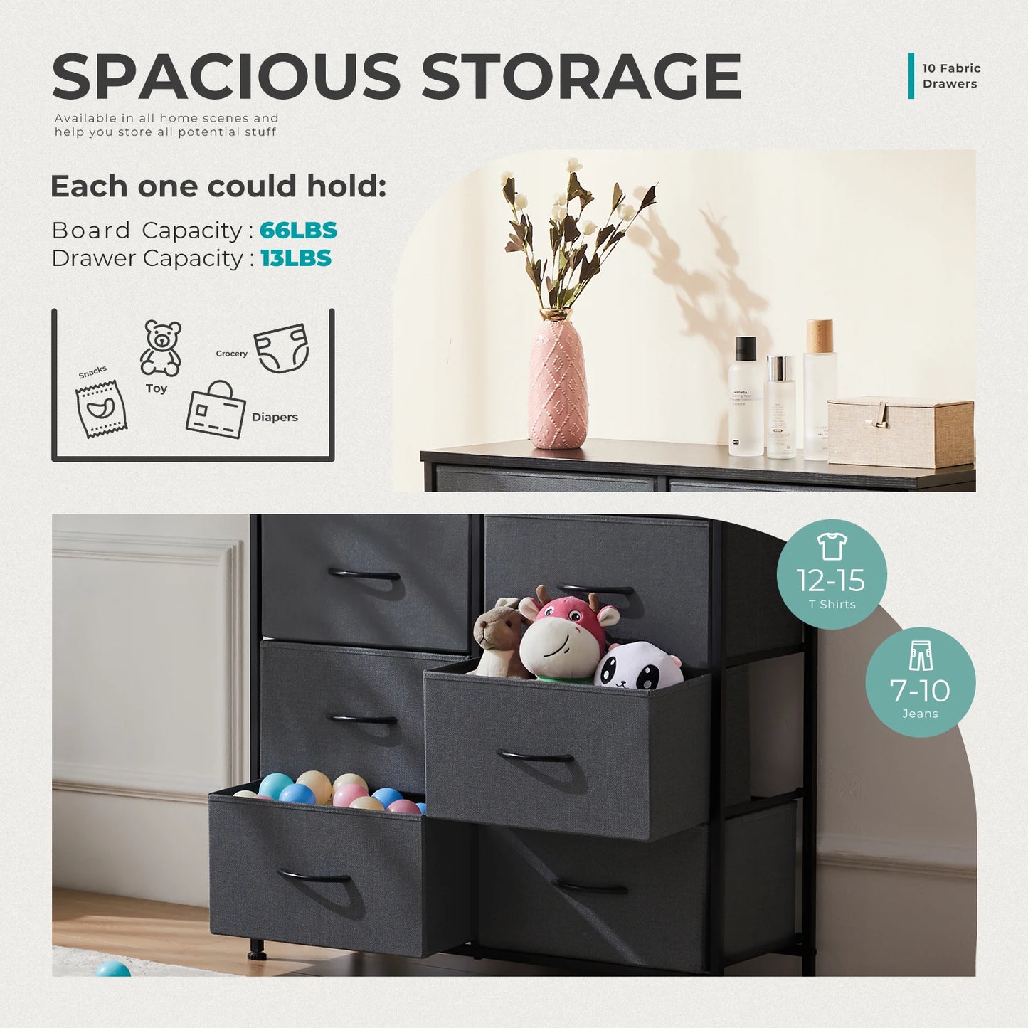 Bedside Table with 10 Fabric Drawers & Steel Frame