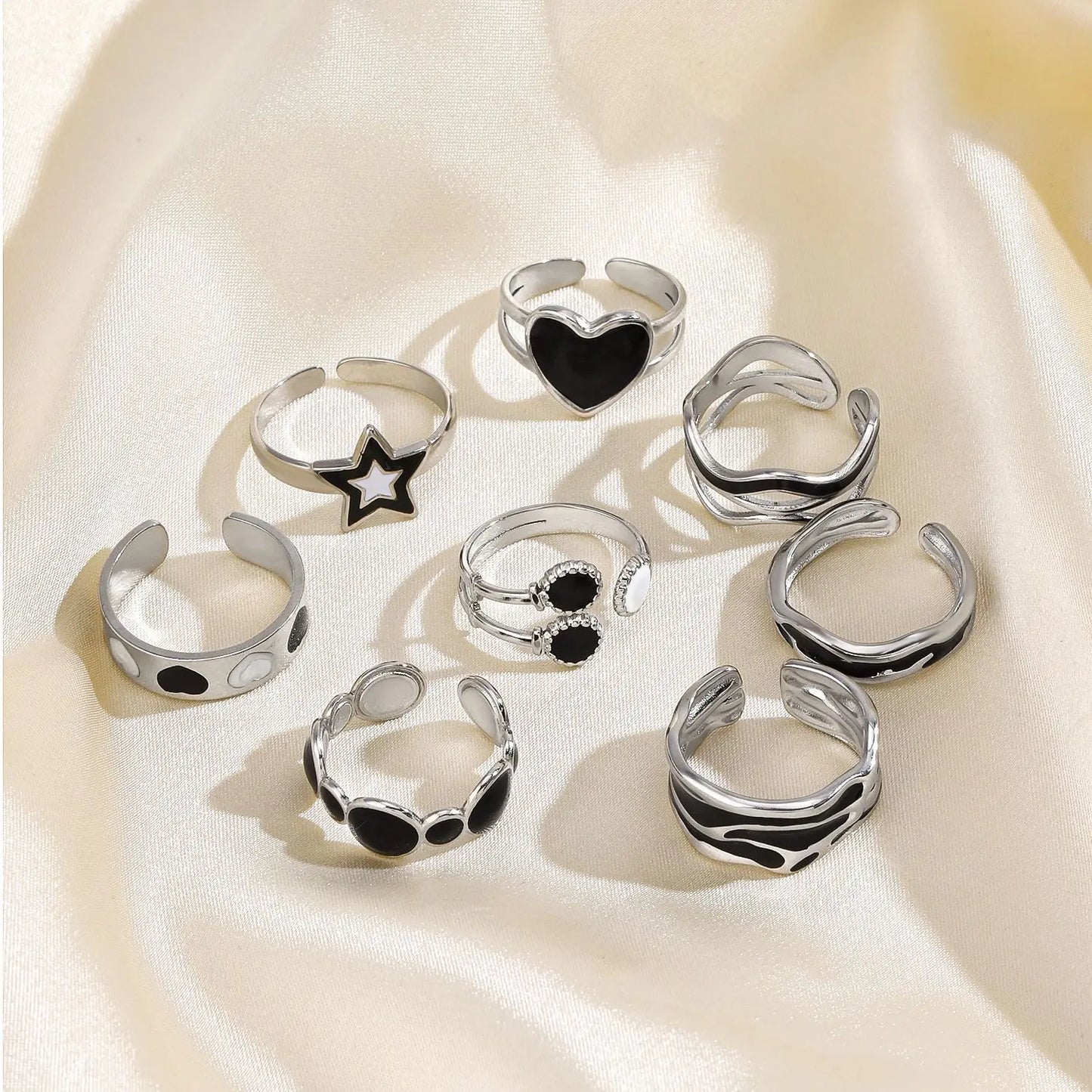 Stainless Steel White Black Enamel Rings for Women Gold Color Heart Star Geometric Open Rings Fashion Jewelry Gift Wholesale