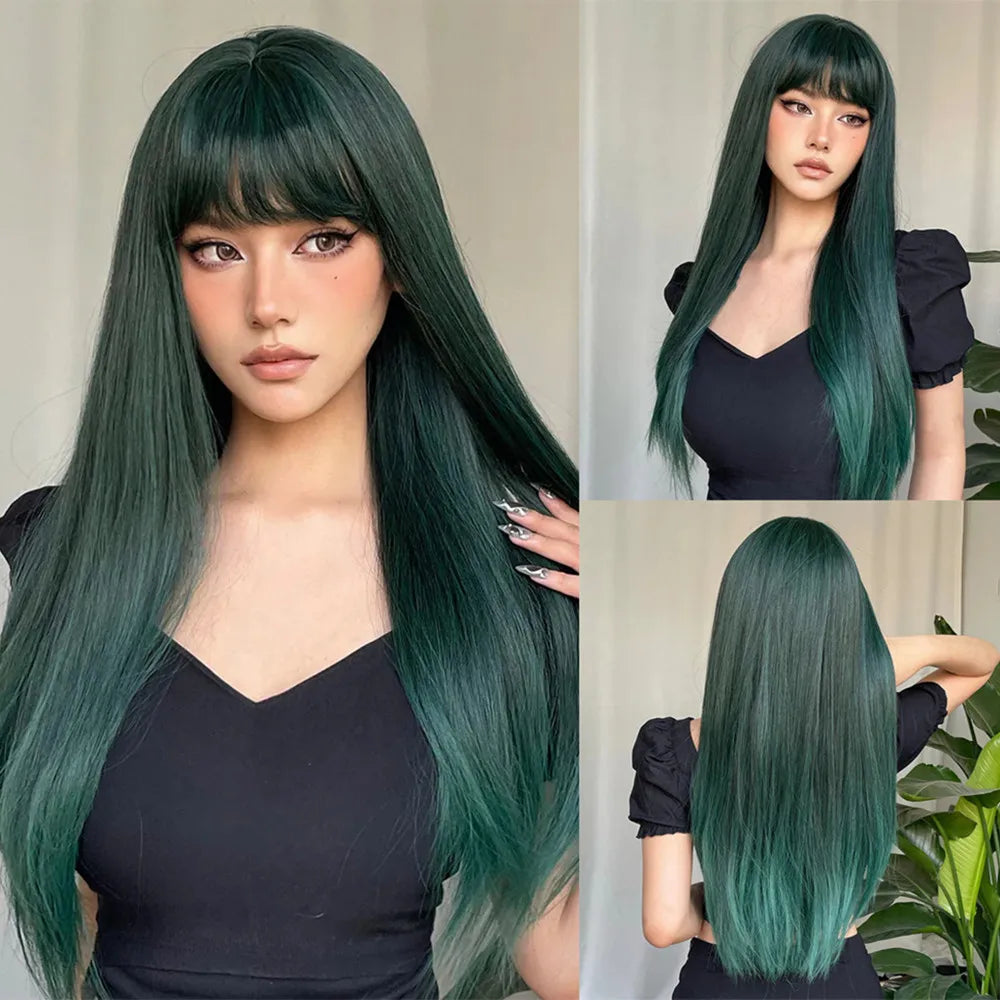 Reddish Brown Straight Layered Synthetic wig with Bangs Long hair Copper Ginger Wig for Women Daily Use Heat Resistant Wigs