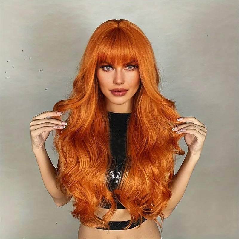 Long Curly Wig with Bangs – Brown Synthetic Fiber Hair