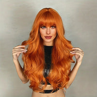 Long Curly Wig with Bangs – Brown Synthetic Fiber Hair