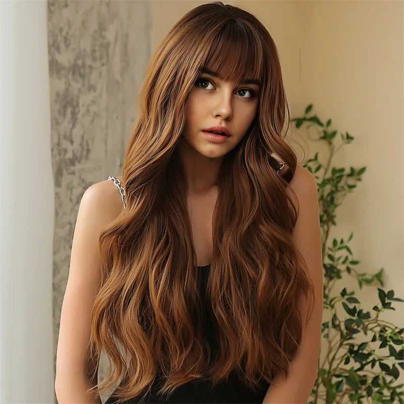 Long Curly Wig with Bangs – Brown Synthetic Fiber Hair