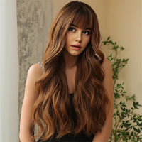Long Curly Wig with Bangs – Brown Synthetic Fiber Hair