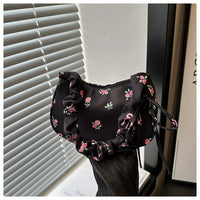 Women's Underarm Bag Summer Canvas Pleated Handlebags Armpit Purse FloralBow Printed Zipper Tote Handbag Female Y2k Shoulder Bag