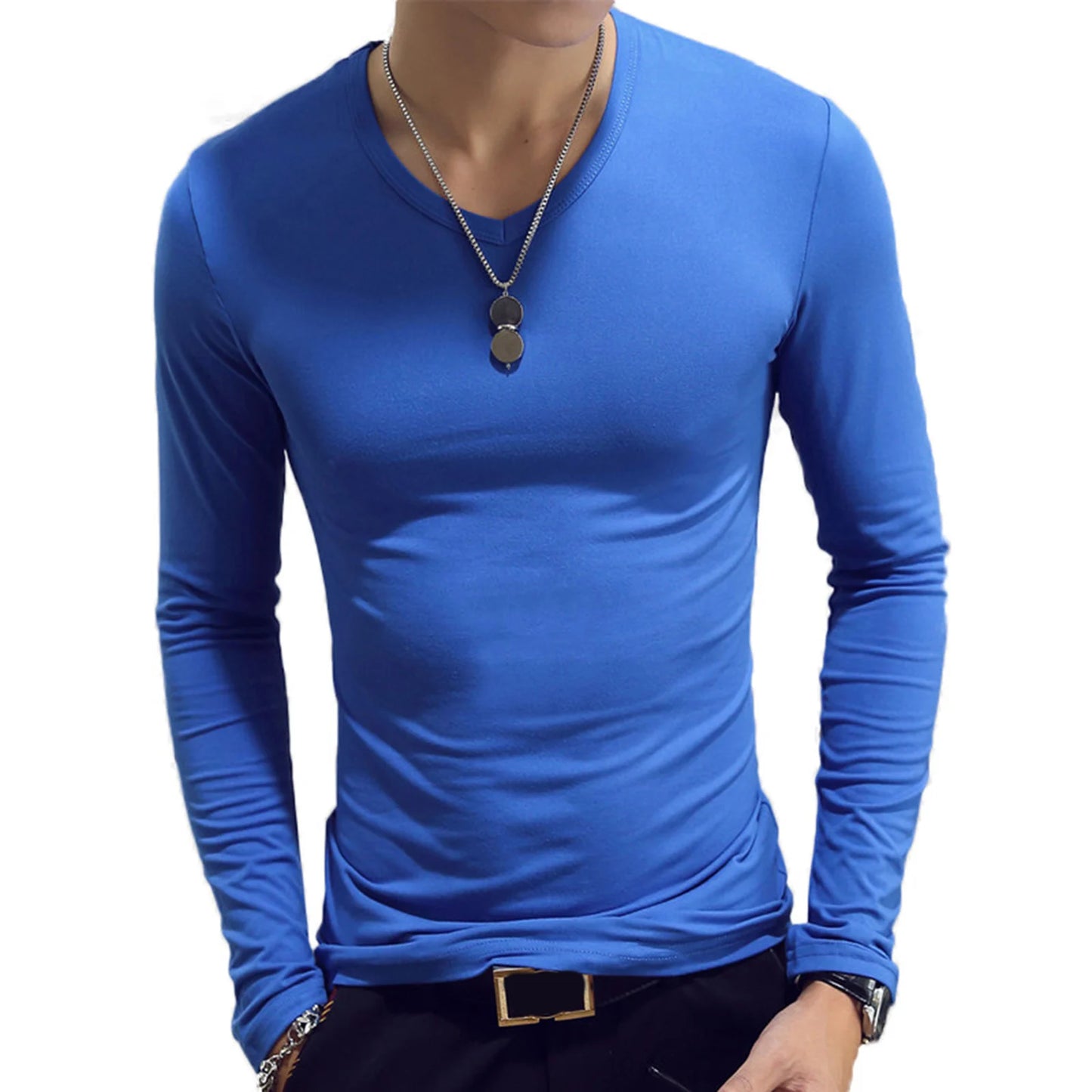 Men’s Slim Fit V-Neck Long Sleeve T-Shirt – Casual Solid Tee