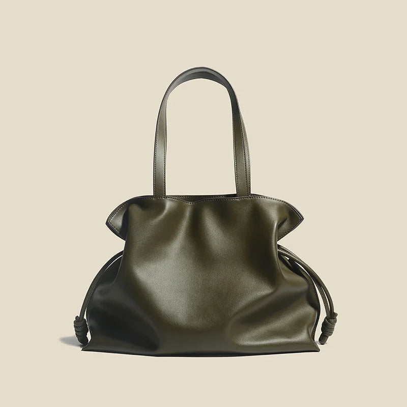 Women’s Cowhide Leather Lucky Bag – Pleated Drawstring Tote