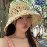 Rainbow woven women's sunscreen hat summer Japanese straw hat  protective fashion, breathable hollow beach sun hat