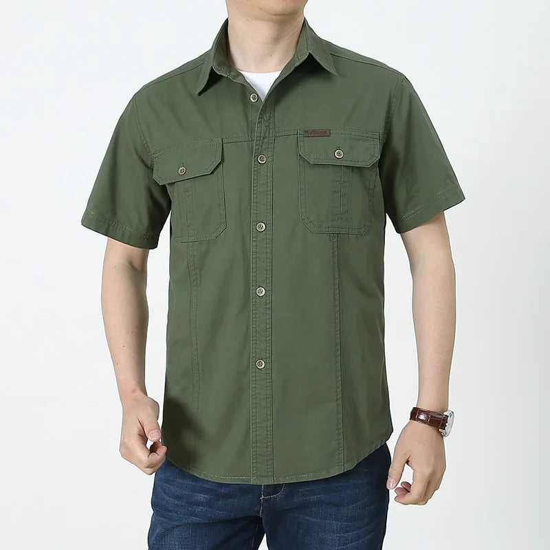 Men Cargo Shirt Short Sleeve Casual Cotton Work Shirt