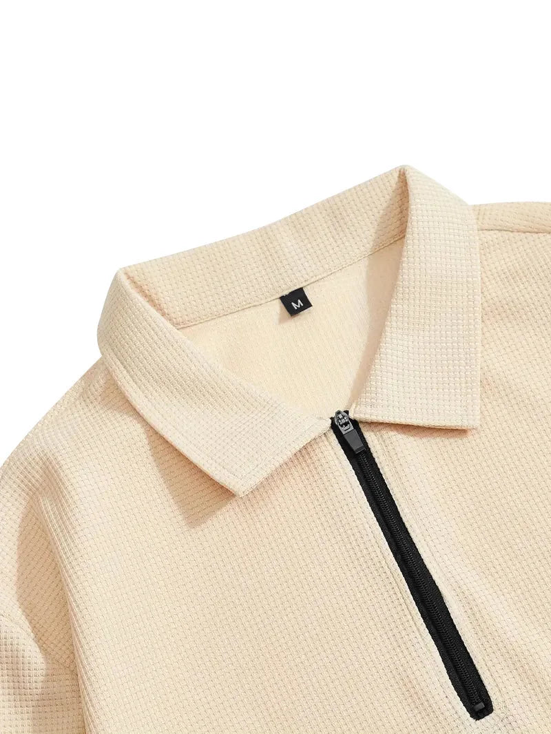 Spring and Autumn Men's Clothing  Waffle Fabric Men's Suit Fashion Casual Zipper and Lapel Long Sleeve POLO Shirt Trousers Suit