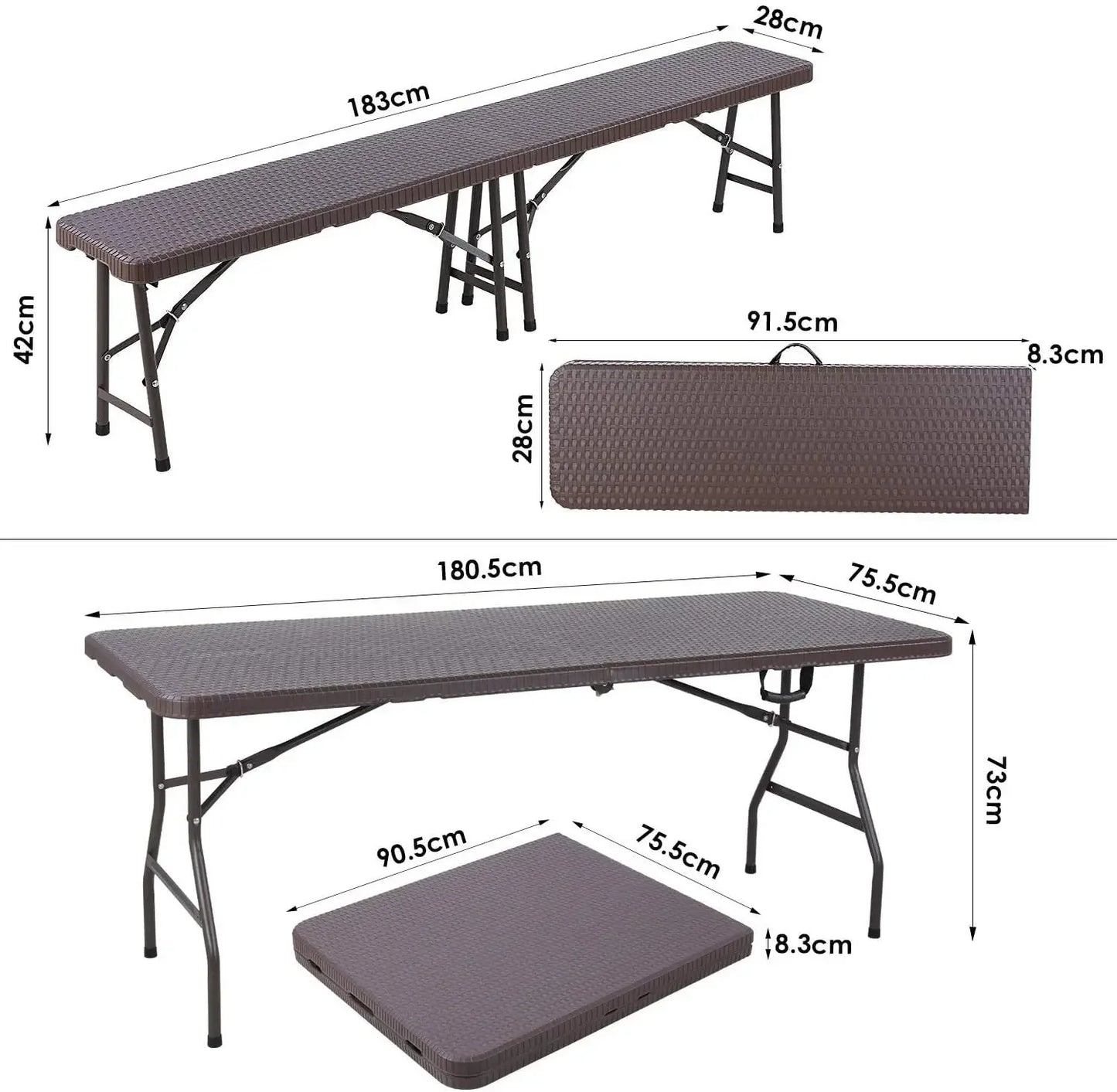 Camping Table Foldable 1 and 2 Benches, HDPE Plastic Panel, Waterproof, with Steel Frame, Patio Outdoor Furniture Set