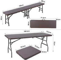 Camping Table Foldable 1 and 2 Benches, HDPE Plastic Panel, Waterproof, with Steel Frame, Patio Outdoor Furniture Set