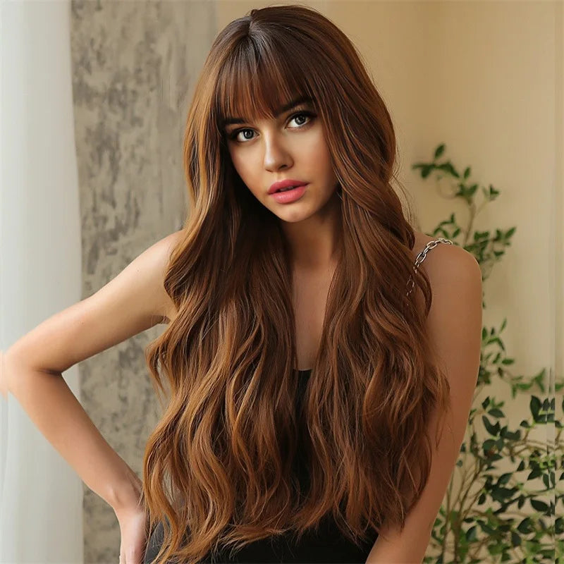 Long Curly Wig with Bangs – Brown Synthetic Fiber Hair