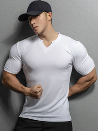 Men’s V-Neck Slim Fit T-Shirt – Summer Striped Gym Tee