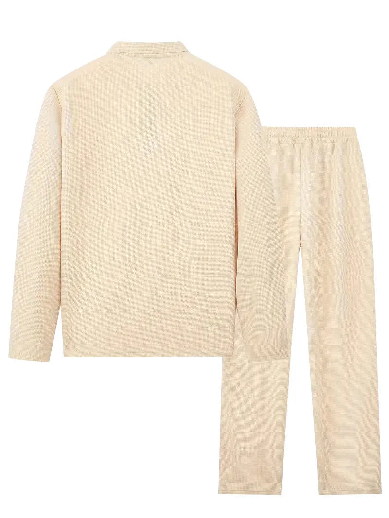 Spring and Autumn Men's Clothing  Waffle Fabric Men's Suit Fashion Casual Zipper and Lapel Long Sleeve POLO Shirt Trousers Suit