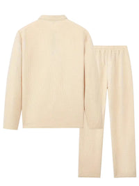 Spring and Autumn Men's Clothing  Waffle Fabric Men's Suit Fashion Casual Zipper and Lapel Long Sleeve POLO Shirt Trousers Suit