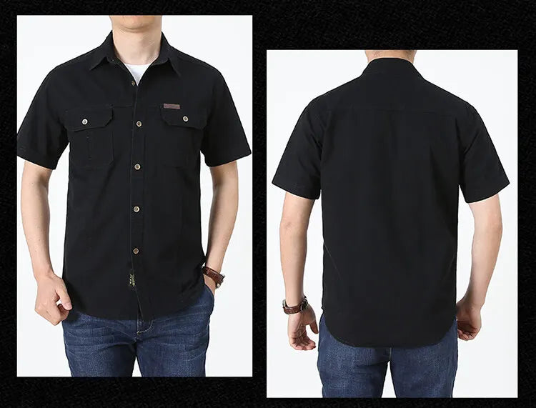 Men Cargo Shirt Short Sleeve Casual Cotton Work Shirt