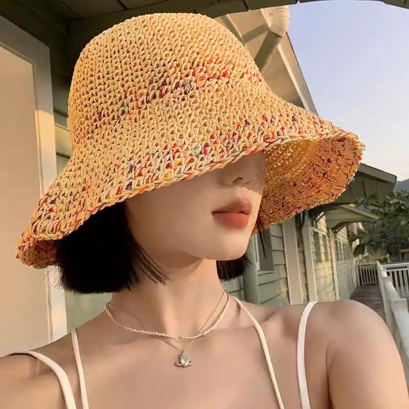 Rainbow woven women's sunscreen hat summer Japanese straw hat  protective fashion, breathable hollow beach sun hat