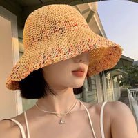 Rainbow woven women's sunscreen hat summer Japanese straw hat  protective fashion, breathable hollow beach sun hat