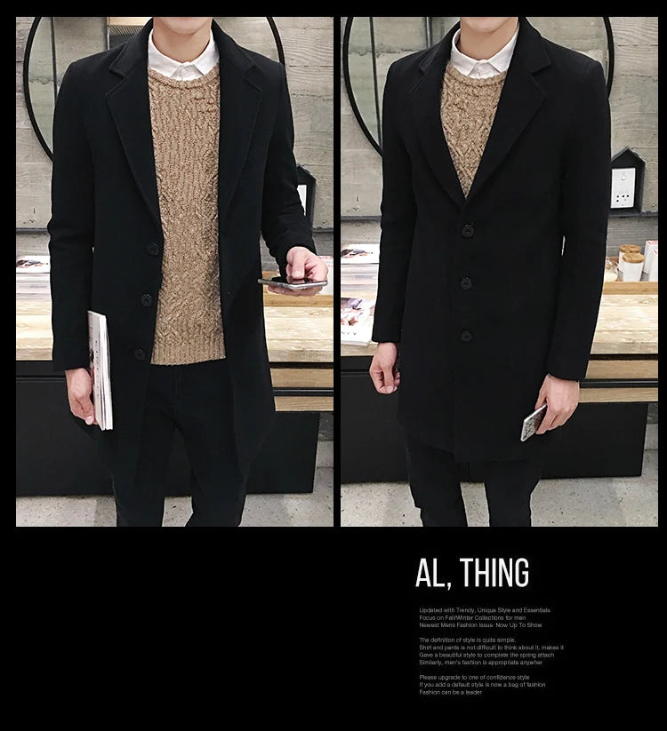Men’s Woolen Long Coat – Slim Fit Korean Vintage Overcoat