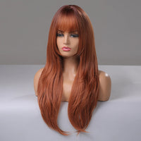 Reddish Brown Straight Layered Synthetic wig with Bangs Long hair Copper Ginger Wig for Women Daily Use Heat Resistant Wigs
