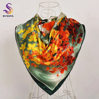 BYSIFA Beige Coffee Peony Silk Scarf Women 90x90cm