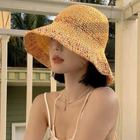 Rainbow woven women's sunscreen hat summer Japanese straw hat  protective fashion, breathable hollow beach sun hat
