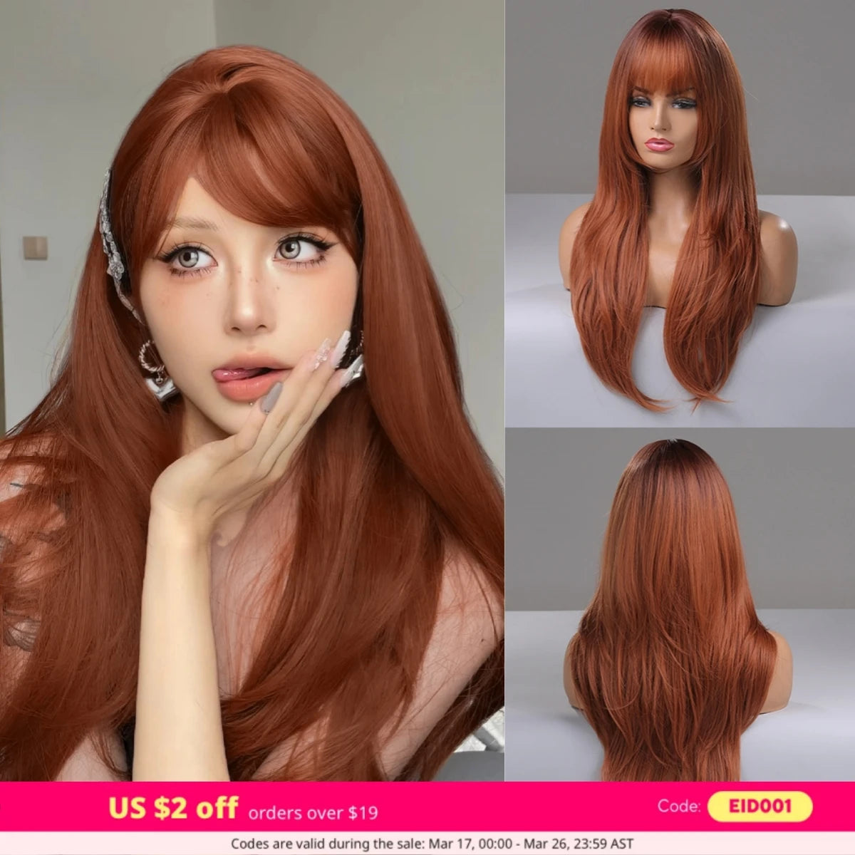 Reddish Brown Straight Layered Synthetic wig with Bangs Long hair Copper Ginger Wig for Women Daily Use Heat Resistant Wigs