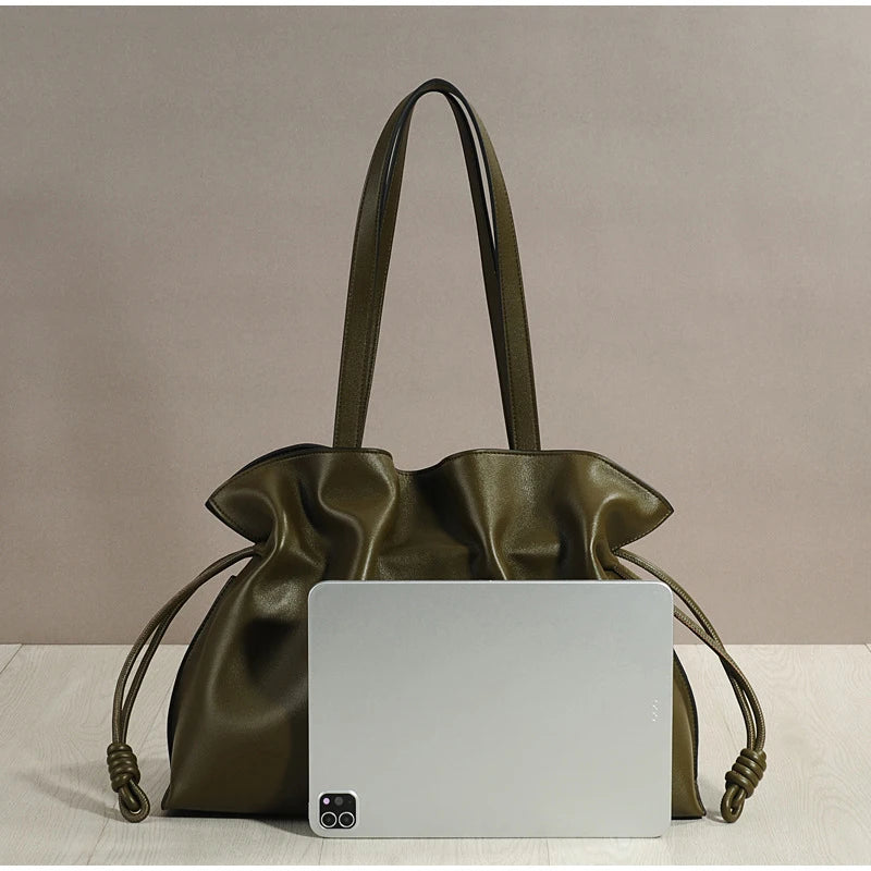 Women’s Cowhide Leather Lucky Bag – Pleated Drawstring Tote