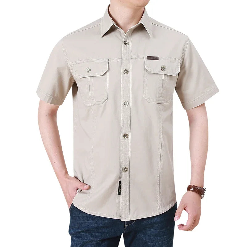 Men Cargo Shirt Short Sleeve Casual Cotton Work Shirt