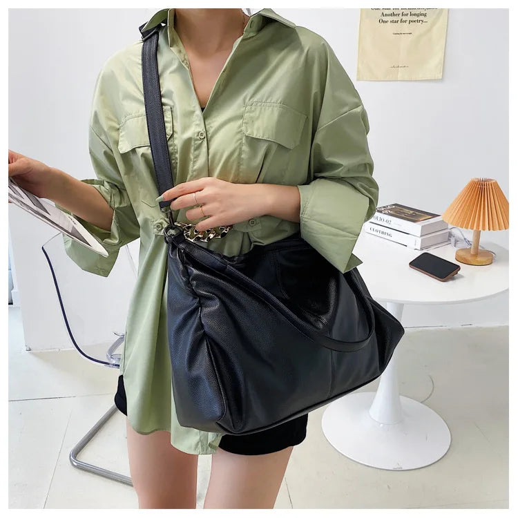 Big Black Shoulder Bag for Women Soft Leather Travel Tote