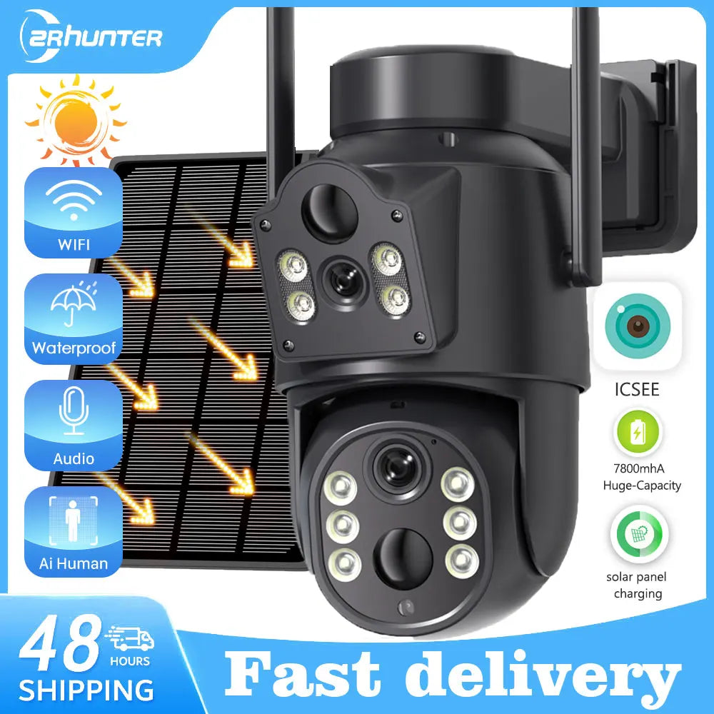 4K 8MP Solar Security Camera – Dual Lens WiFi PIR IP Camera