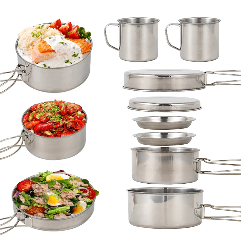 8PCS Camping Cookware Mess Kit Stainless Steel Pots