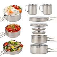 8PCS Camping Cookware Mess Kit Stainless Steel Pots