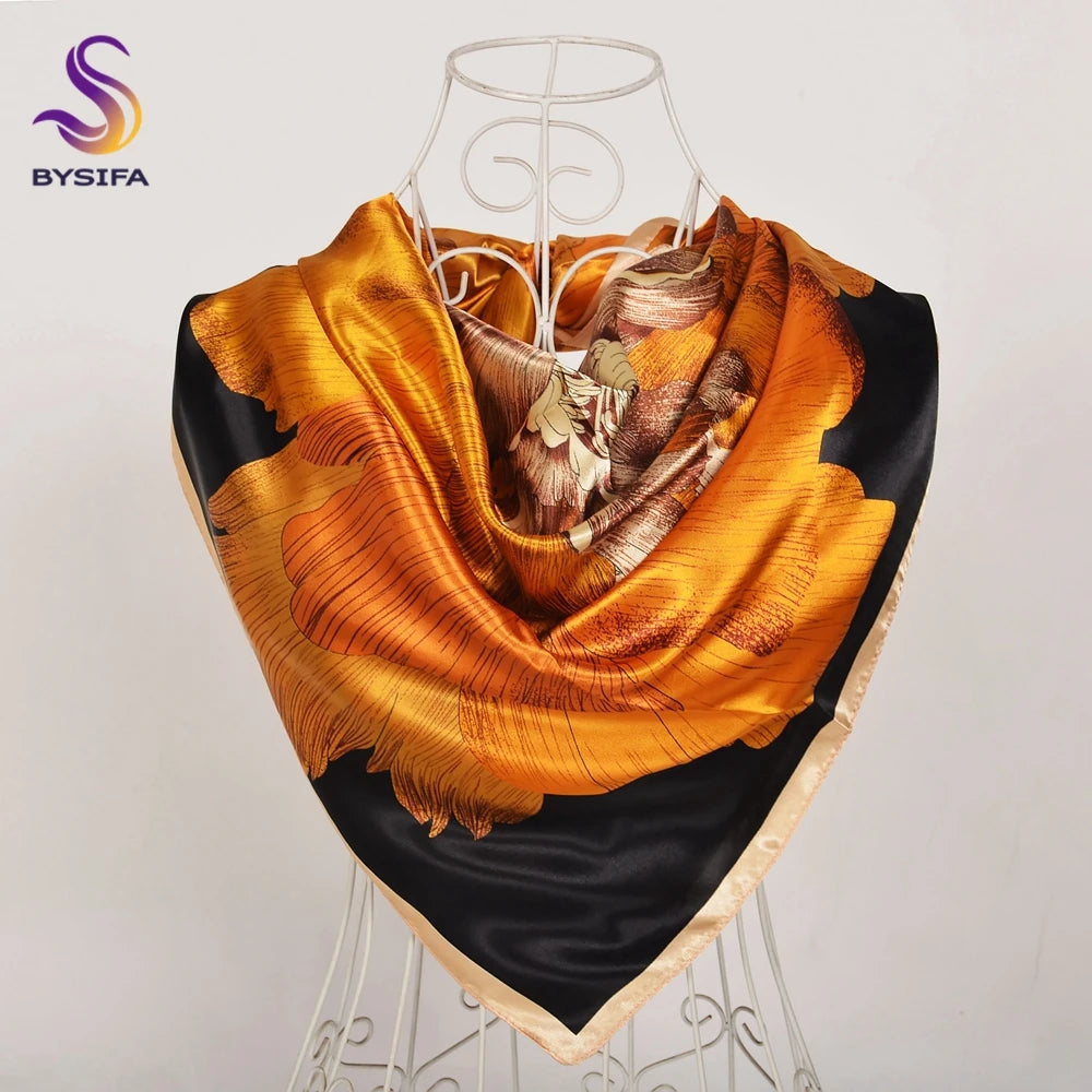 BYSIFA Beige Coffee Peony Silk Scarf Women 90x90cm