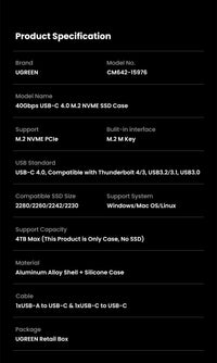 UGREEN 40Gbps NVMe SSD Case SSD Enclosure M.2 to USB4.0 Adapter for M.2 NVME PCIE Built-in Cooling Vest Aluminum Case