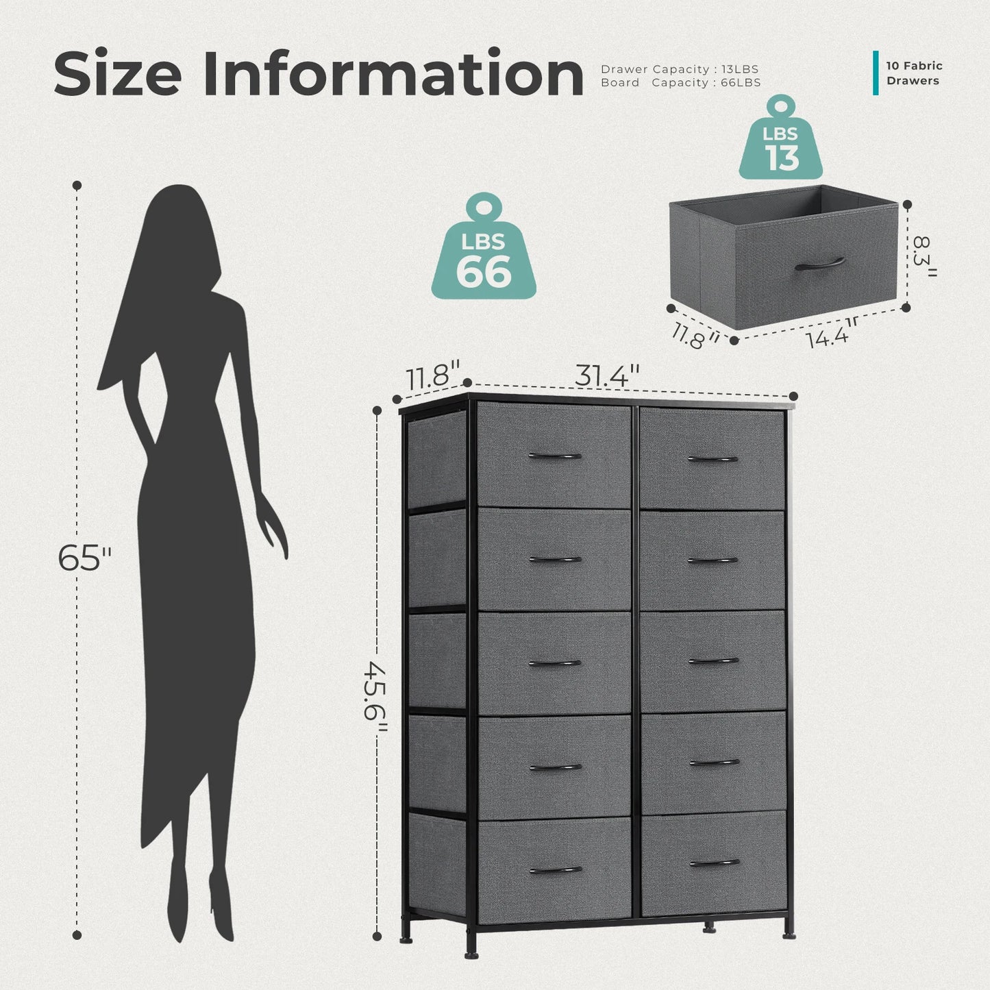 Bedside Table with 10 Fabric Drawers & Steel Frame