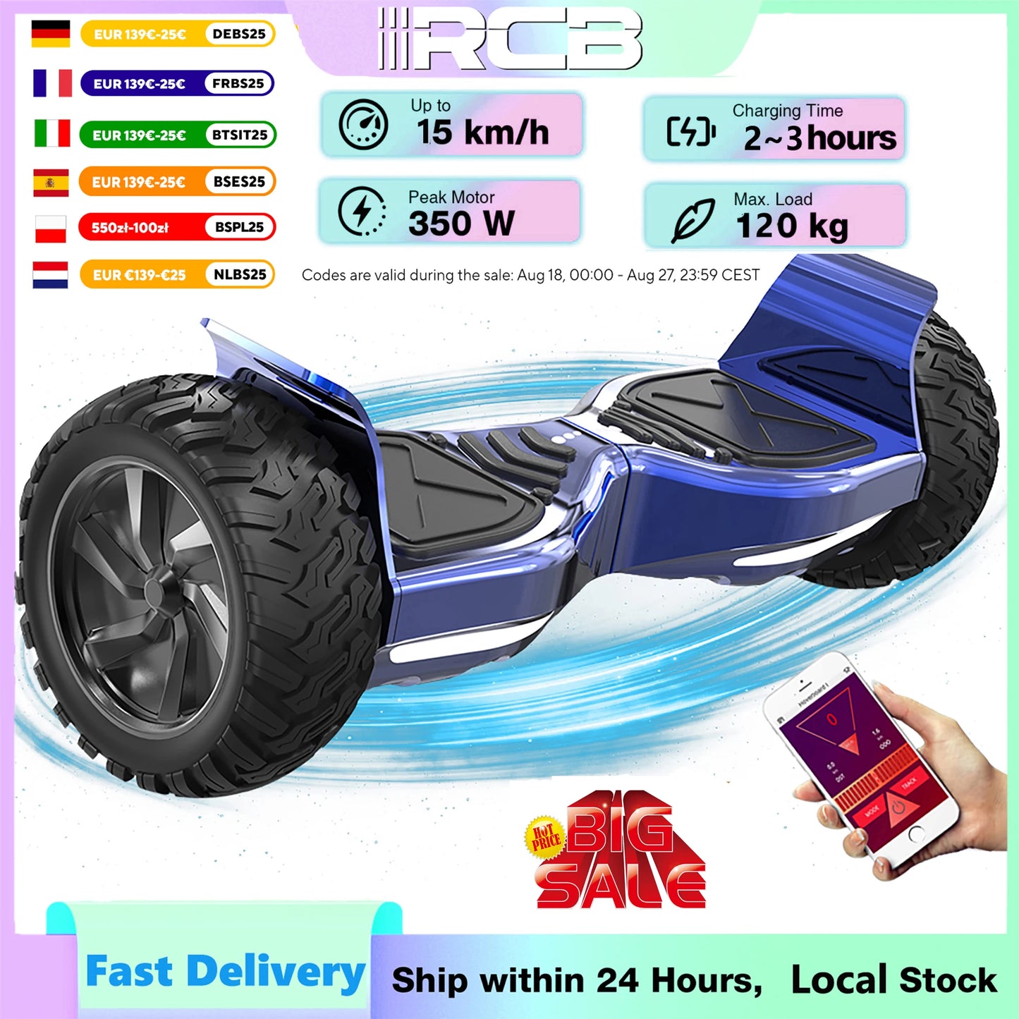 RCB Hoverboard 8.5" all terrain hoverboards, APP control, integrated LED Bluetooth with powerful motor, electric skateboard