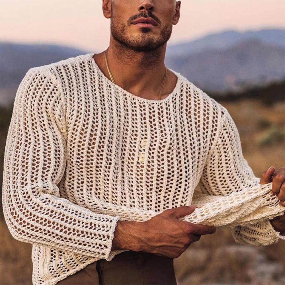Wear Men Mesh T-shirts Bottoming Shirt Knitted Mesh Top Clothing Autumn Men Knitted Mesh Top Long Sleeve Tees Club Streetwear