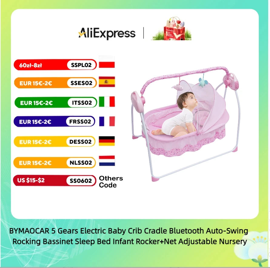 BYMAOCAR Electric Baby Crib Cradle with Bluetooth Auto-Swing