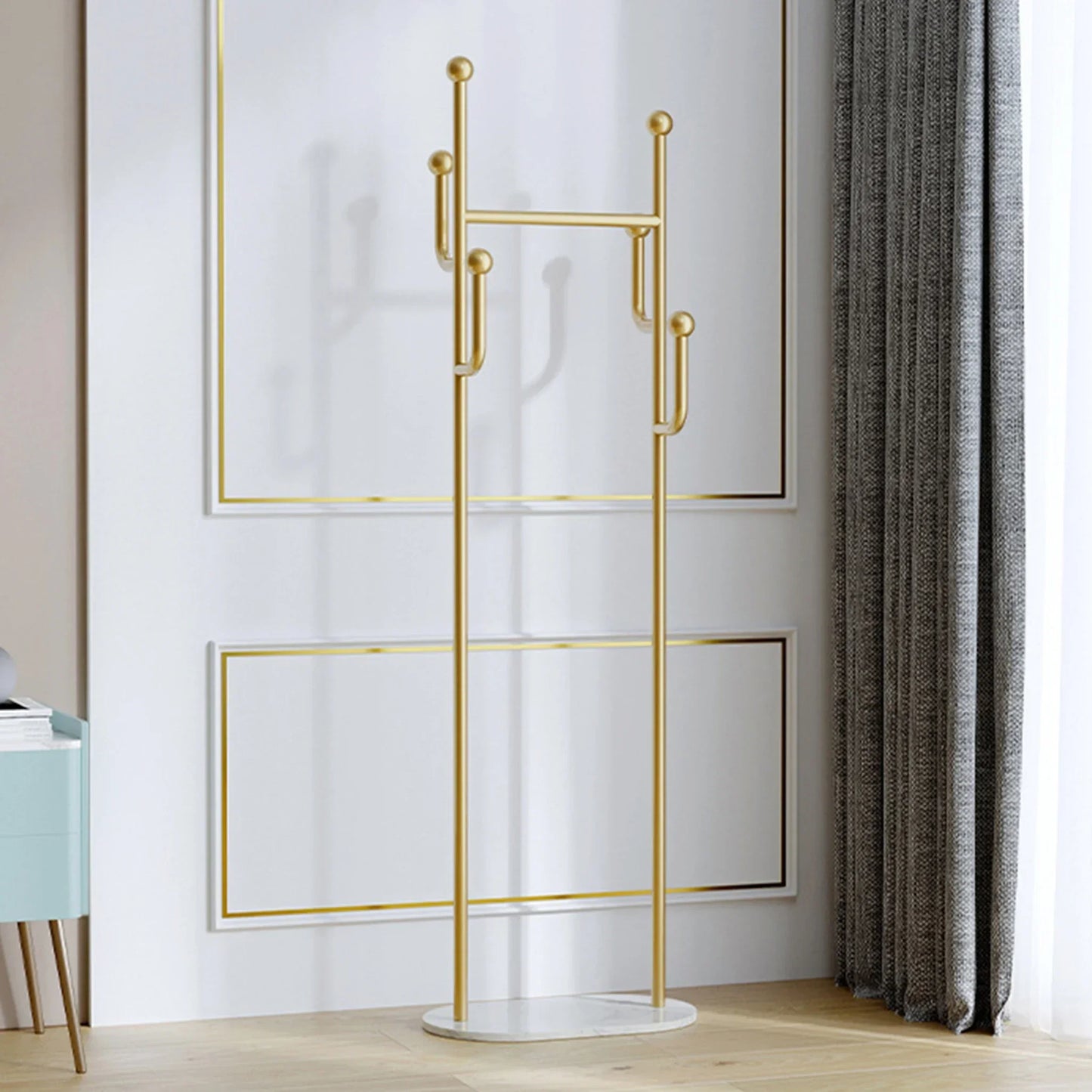 Gold Freestanding Metal Coat Rack with 6 Hooks