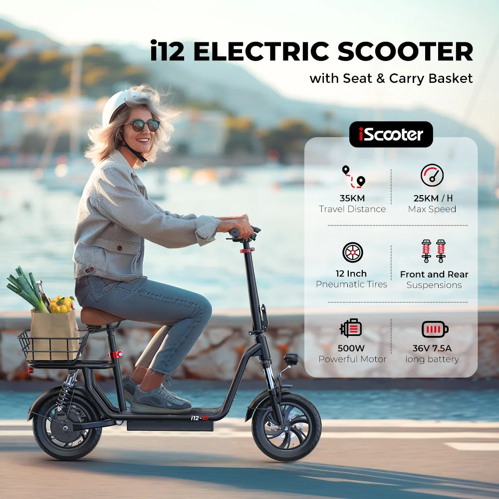 i12 Electric Scooter Foldable with Seat & Basket