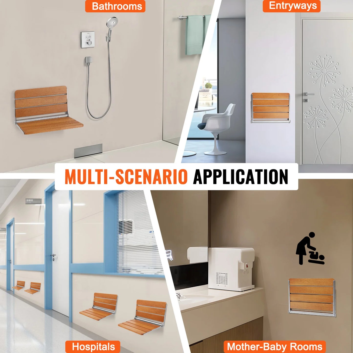 SucceBuy Folding Shower Seat Wall Mounted Fold Up Shower Bench Space Saving Home Care Fold Down Shower Chair for Pregnant Women