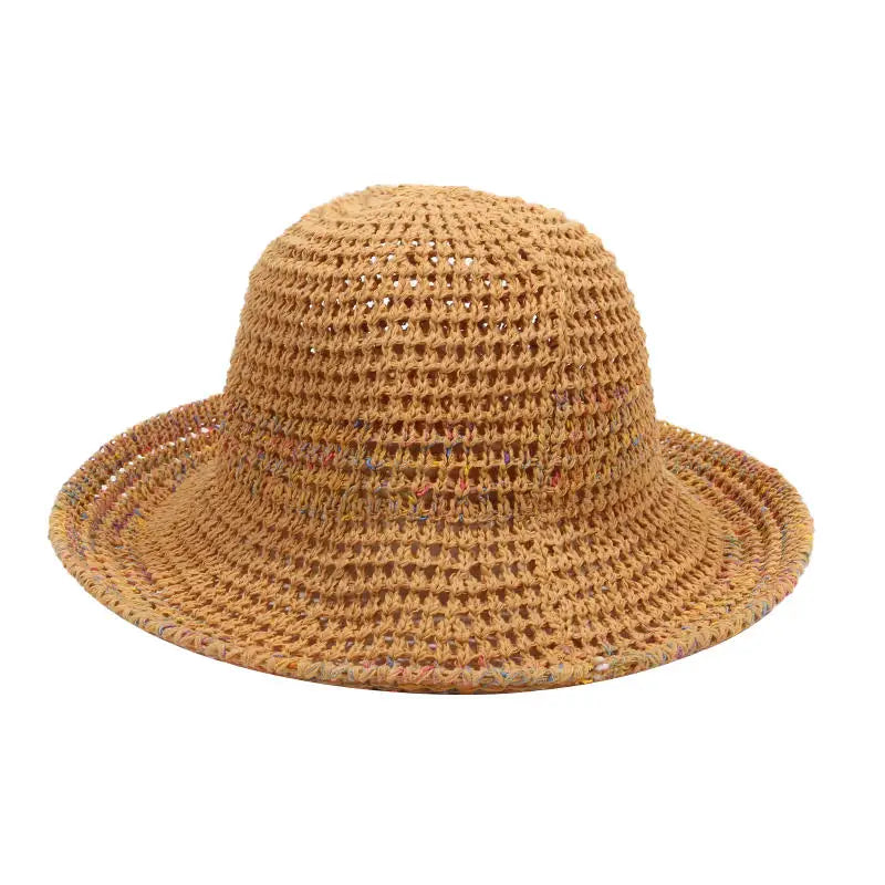 Rainbow woven women's sunscreen hat summer Japanese straw hat  protective fashion, breathable hollow beach sun hat