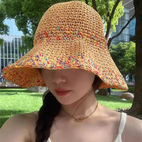 Rainbow woven women's sunscreen hat summer Japanese straw hat  protective fashion, breathable hollow beach sun hat